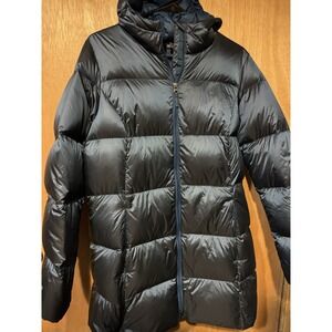 North Face Womens Large Long Down Puffer Jacket Navy Recess Coat